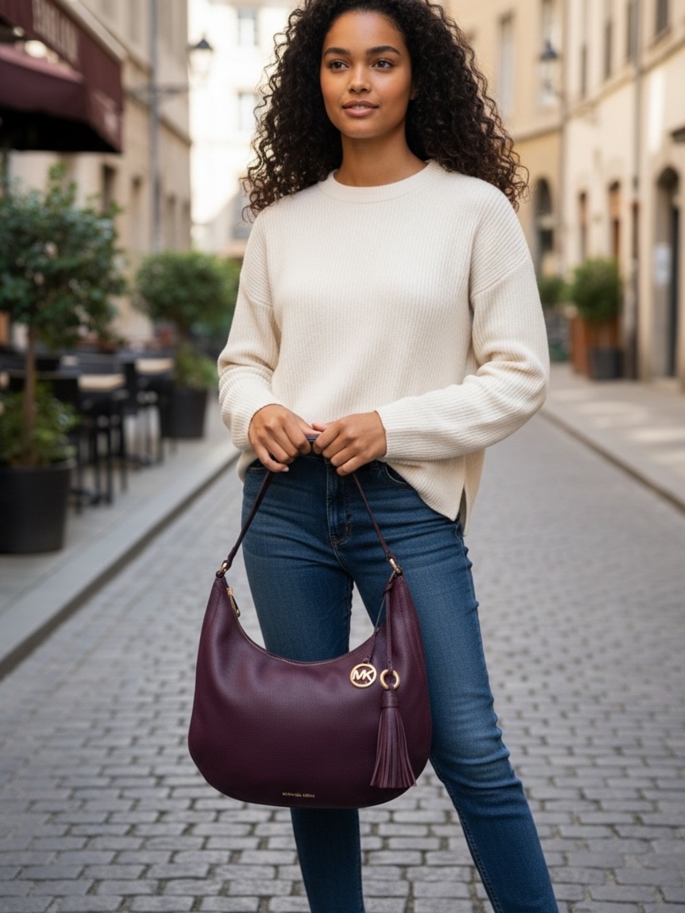 Michael Kors Damson Lydia Plum/Purple Pebbled Leather Hobo with Gold Accents